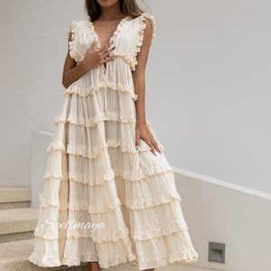 Boho Ruffled Maxi dress,Boho Wedding Dress,Deep V Neck Dress,Maternity Dress.